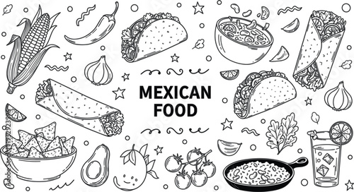 Mexican food doodle set with tacos burritos nachos and ingredients in hand drawn line art style for restaurant menus and culinary designs.