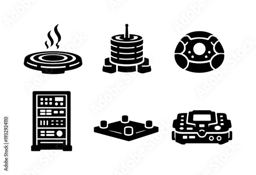 Solid vector icons of gravitational fluctuation instruments: gravitic resonance disk, modulation coil, micro-gravity pocket;