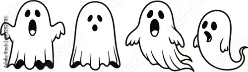 Set of cute cartoon ghost characters with spooky facial expressions and flying poses for Halloween holiday decorations and spooky stickers isolated on white background.