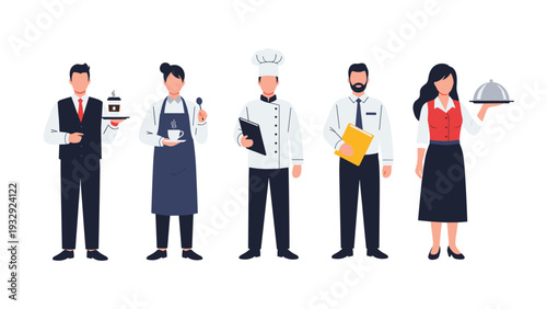 Professional group of diverse restaurant staff including a waiter, barista, chef, manager, and hostess standing in a line.
