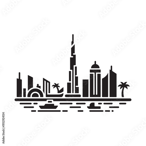 A minimalist black silhouette of a dubai cityscape with palm trees