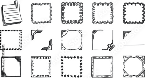 Hand drawn doodle frame collection with decorative square borders corner elements and sticky note icons for bullet journal and scrapbooking design.