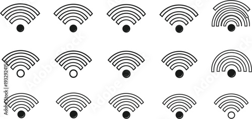 Set of minimalist wifi signal icons and wireless internet connection symbols with varied line weights and geometric designs, black vector communication signs isolated on white background.