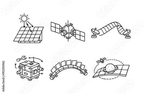 Line style icons of space sun-deflection platforms: mirror field panel, pivot hinge bead, solar-beam kink, adjustment module,