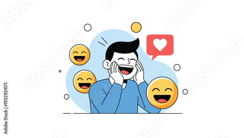 Joyful young man laughing and surrounded by various happy emoji faces and a heart symbol on a soft blue background.