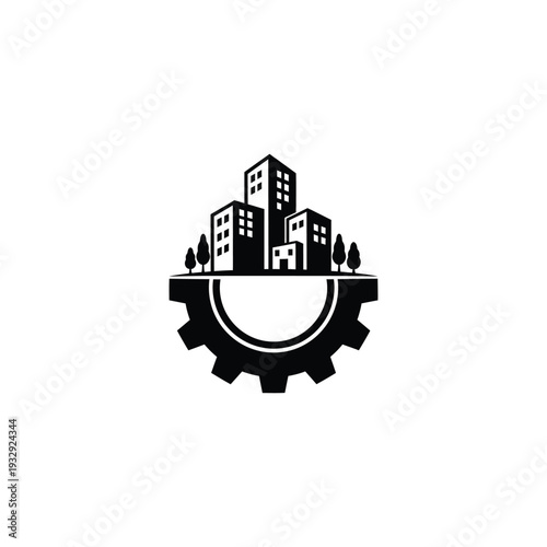 Cityscape illustration with buildings and gear mechanism symbolizing industrial urban development