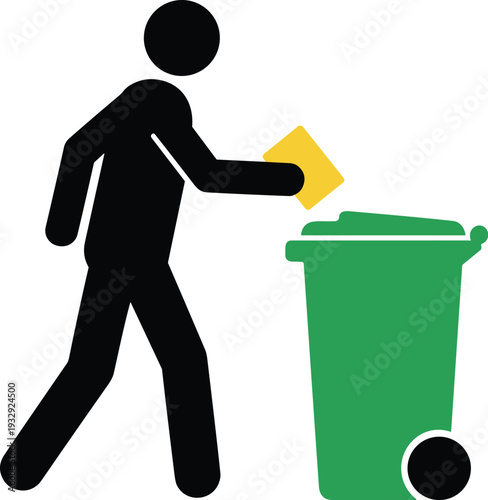 Black silhouette figure throwing yellow item into green wheeled garbage bin with lid, symbolizing proper waste disposal and responsibility