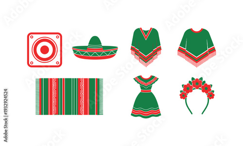 Mexican themed accessories and clothing with speaker and blanket vector silhouette illustration