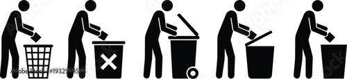 Black and white pictogram series showing people disposing items into various trash bins, illustrating waste management and proper disposal practices
