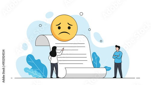 Two people looking disappointed and pointing at a large sad face emoji on top of a long white paper document.