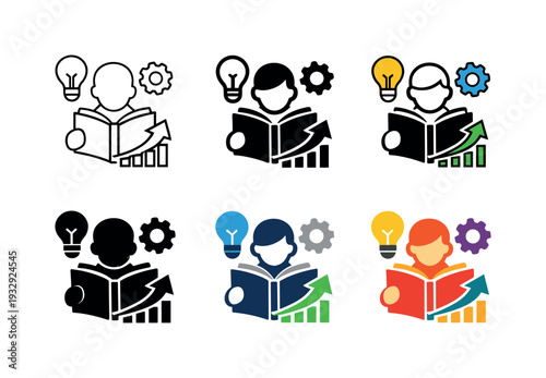 Learning progress emblem illustrating the journey of acquiring skills and information through reading, instruction, and