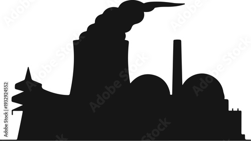 Black silhouette of a large industrial facility with smoke rising from a tall chimney