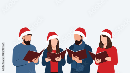 Group of four people in Santa hats holding songbooks and singing Christmas carols in a minimalist flat vector illustration.
