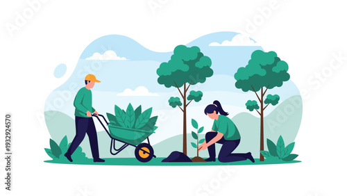 Volunteers working together to plant new saplings and transport soil in a wheelbarrow to help the environment.