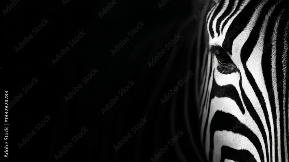 Fototapeta premium Zebra eye and face close up revealing striking black and white stripe pattern, concept of wildlife and uniqueness