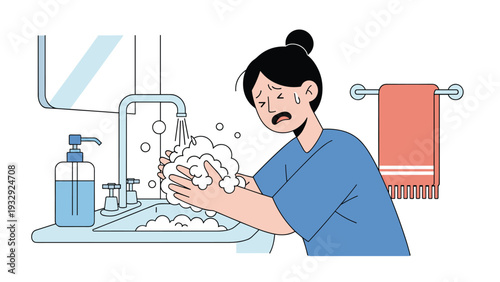 Tired or stressed woman washing her hands thoroughly with soap in a bathroom sink for hygiene and virus prevention.