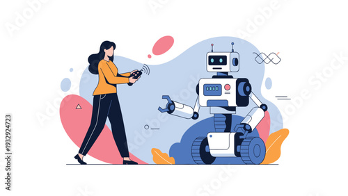 Young woman using a remote controller to operate a humanoid robot in a futuristic or high-tech environment.