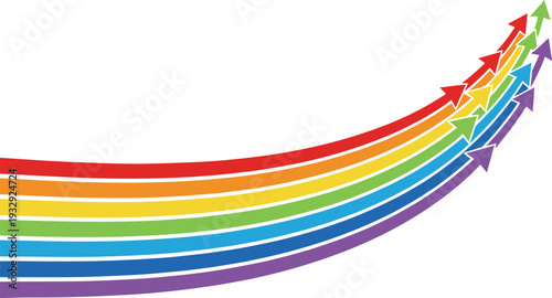 Colorful rainbow arrows curving upward symbolizing progress, diversity, unity, growth, positive change, and forward momentum in abstract design