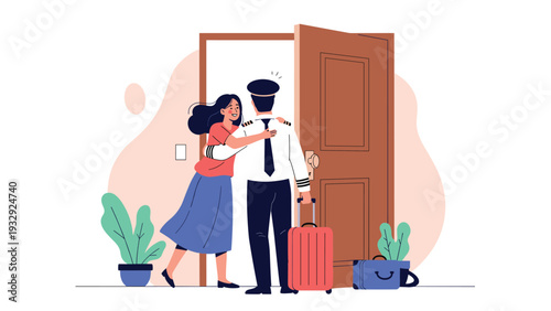 Happy woman welcoming back a male airline pilot who is entering the house through the front door with his suitcase.