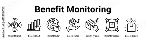 Benefit Monitoring web banner icon vector illustration concept for business with icon of Benefit Signal, Benefit Chart, Benefit Radar, Benefit Pulse, Benefit Trigger, Benefit Direction.