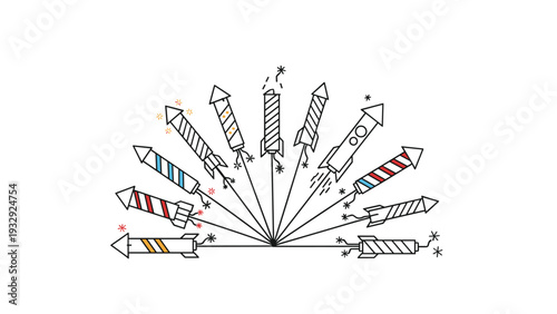 Collection of various colorful firework rockets arranged in a fan shape and ready for a celebration or festival display.