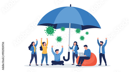 Group of people being protected from floating green viruses by a giant blue umbrella held by a professional woman.