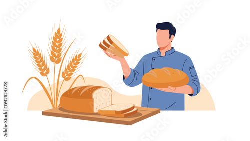 Professional male baker in a blue chef uniform holding and presenting freshly baked loaves and slices of wheat bread.