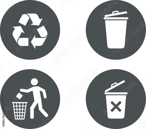 Recycling and waste management icons illustrating eco-friendly practices, proper disposal, hazardous waste awareness, and sustainability through universal symbols