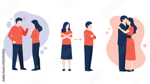 Relationship dynamics illustrating various stages of communication from heated arguments and distance to a loving hug.