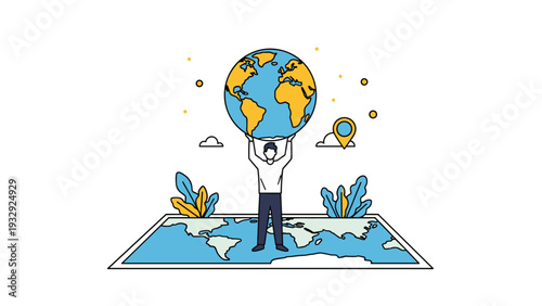 Person standing on a world map lifting the earth globe up high symbolizing global responsibility and environmental protection.
