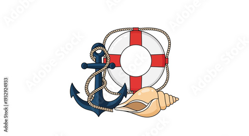 Nautical anchor illustration with lifebuoy and shell