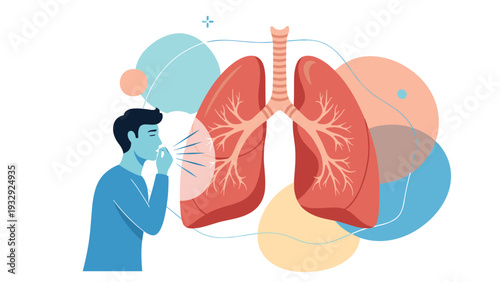 Sick man coughing next to a large anatomical illustration of healthy human lungs representing respiratory health and disease.