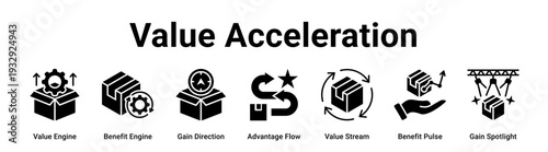 Value Acceleration web banner icon vector illustration concept for business with icon of Value Engine, Benefit Engine, Gain Direction, Advantage Flow, Value Stream, Benefit Pulse.