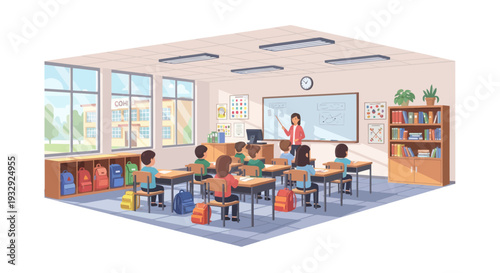 Diverse students learning in a bright, modern classroom with teacher at whiteboard