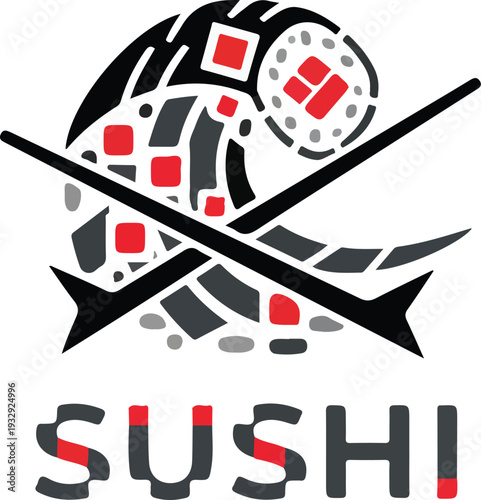 A stylized sushi logo with chopsticks and sushi rolls