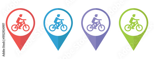Colorful Bicycle Location Pin Icons Set – Cyclist Navigation Map Markers Vector Illustration