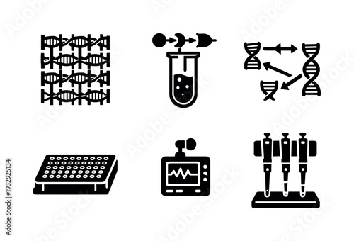 DNA Logic Experiment Icons. Solid vector icons of DNA-based logic experiments: programmable DNA lattice, solution-phase logic gate