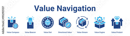 Value Navigation web banner icon vector illustration concept for business with icon of Value Compass, Value Beacon, Value Dial, Directional Value, Value Stream, Value Engine.