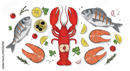Seafood illustration with lobster fish and shrimp