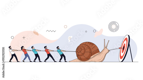 Team of people pulling a massive snail with a rope to help it reach a bullseye target representing slow but steady progress.