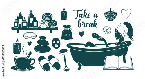 Luxurious Spa Day Relaxation Self-Care Elements Collection Wellness Beauty Hygiene Vector Icons