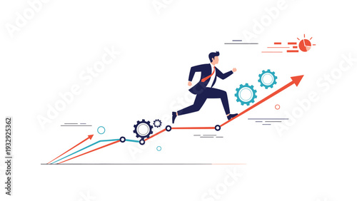 Determined businessman running up a rising graph arrow toward a clock symbol representing time management and career success.