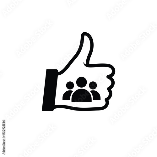 Hand giving thumbs up with people icon on palm, symbolizing approval and social endorsement in a simple illustration style