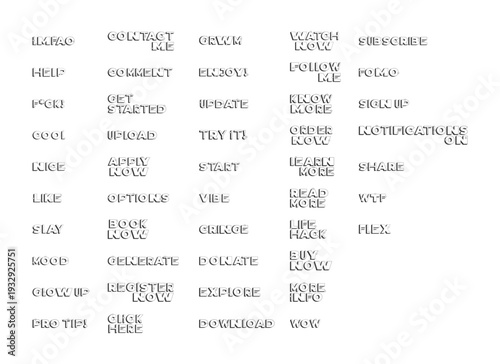 Social media engagement bold black and white 3D text pack. Online shop marketing. Website blog reactions. Outlined letters bundle. Fun typography. Blocky type with star accents. Montserrat font used