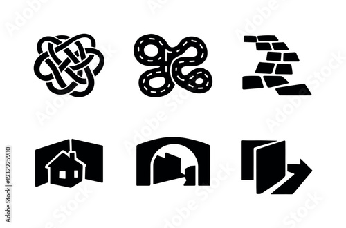 Solid vector icons of disorienting neighborhood structures: tangled route mesh, looping backstreets, uneven walkway patterns;