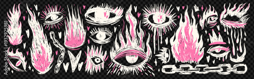 Grunge doodle set of mystical eyes and fire flames with pink accents on dark background
