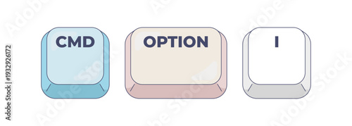 CMD Option I computer keyboard shortcut. Open browser developer tools. Inspect web page source code. Hotkey combo buttons for pc and laptop. Fast software efficiency. Flat vector illustration