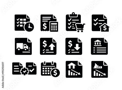 Solid vector icons of bookkeeping records: timesheet, expenseReport, purchaseOrder, salesOrder, deliveryNote, creditNote,