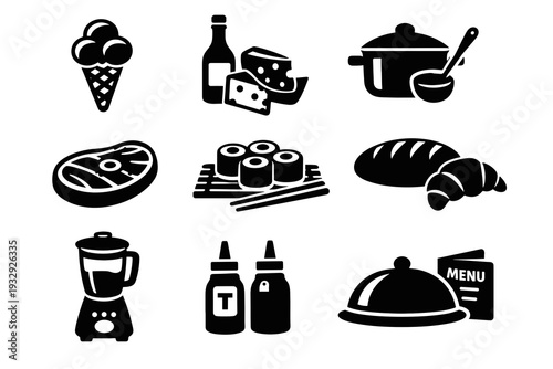 Black cuisine icon set with ice cream, steak, wine and cheese, saucepan, sushi rolls, bread, blender, ketchup, mustard, cloche and menu items. Minimal silhouettes for catering UI.