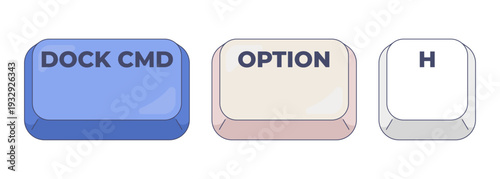 Dock CMD Option H computer keyboard shortcut. Hide all open applications except active one. Minimize window. Hotkey combo buttons for pc and laptop. Fast software efficiency. Flat vector illustration
